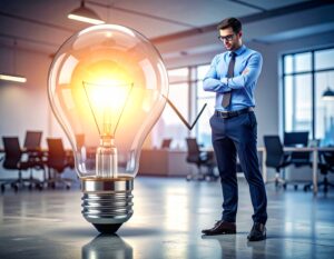 Illustration of a cartoon figure with glasses listening, leaning on a large light bulb