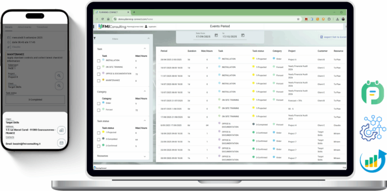 PlanningConnect mobile agenda and monthly plan in tables