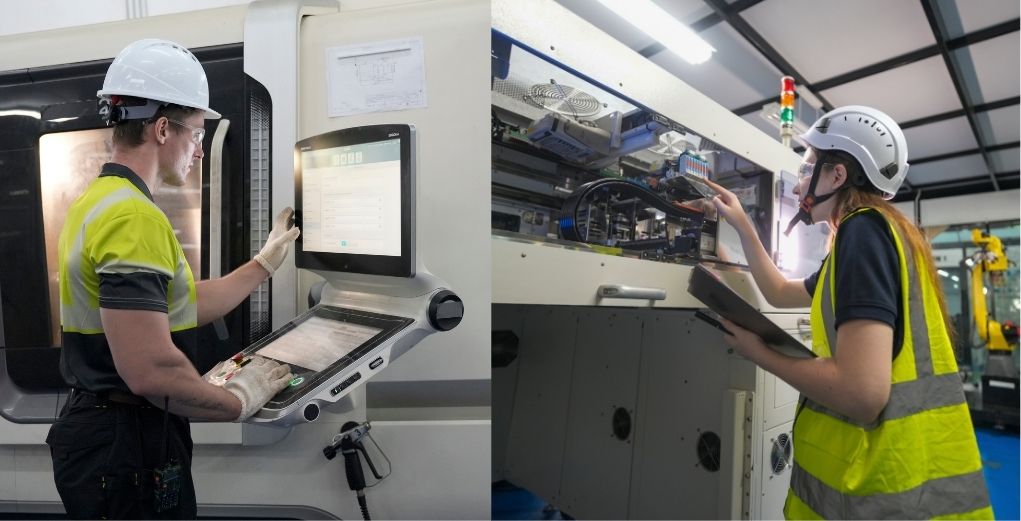 Technician assembling an industrial machine on the shop floor