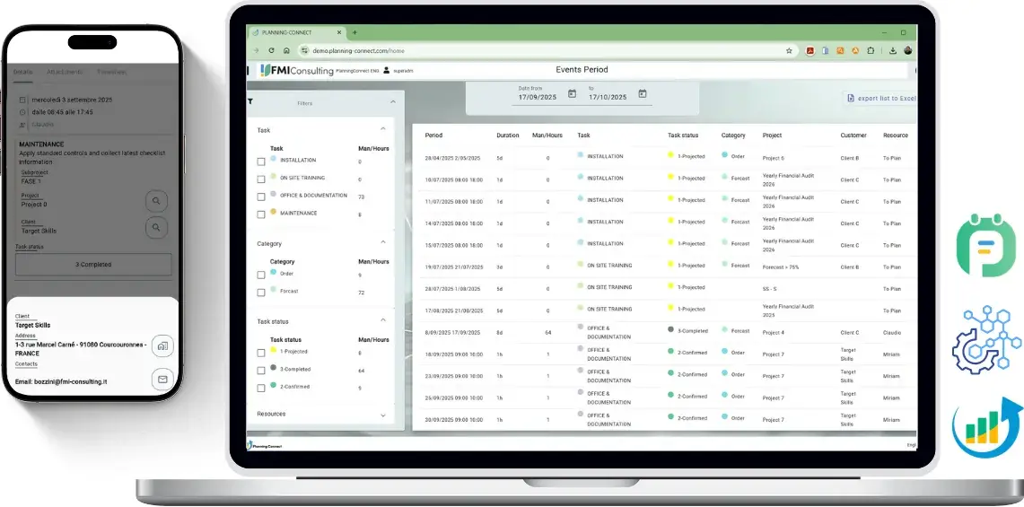 Agenda mobile PlanningConnect e piano mensile in tabelle