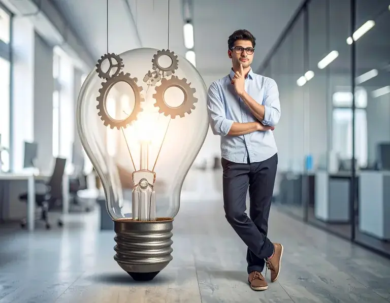 Illustrazione di una figura stilizzata con gli occhiali, pensierosa, appoggiata a una grande lampadina