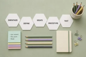 Cinque carte esagonali che illustrano le fasi del design thinking: Empatizzare, Definire, Ideare, Prototipare e Testare, con matite, un blocco note e post-it