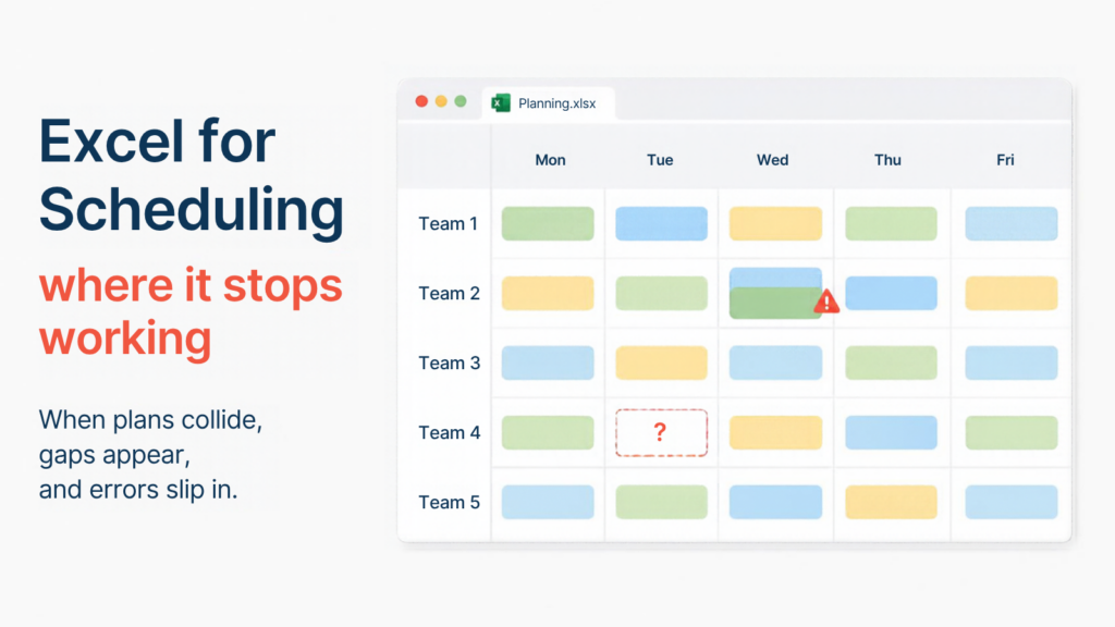 Illustration of a spreadsheet used for scheduling, with overlapping jobs and a gap in the weekly plan