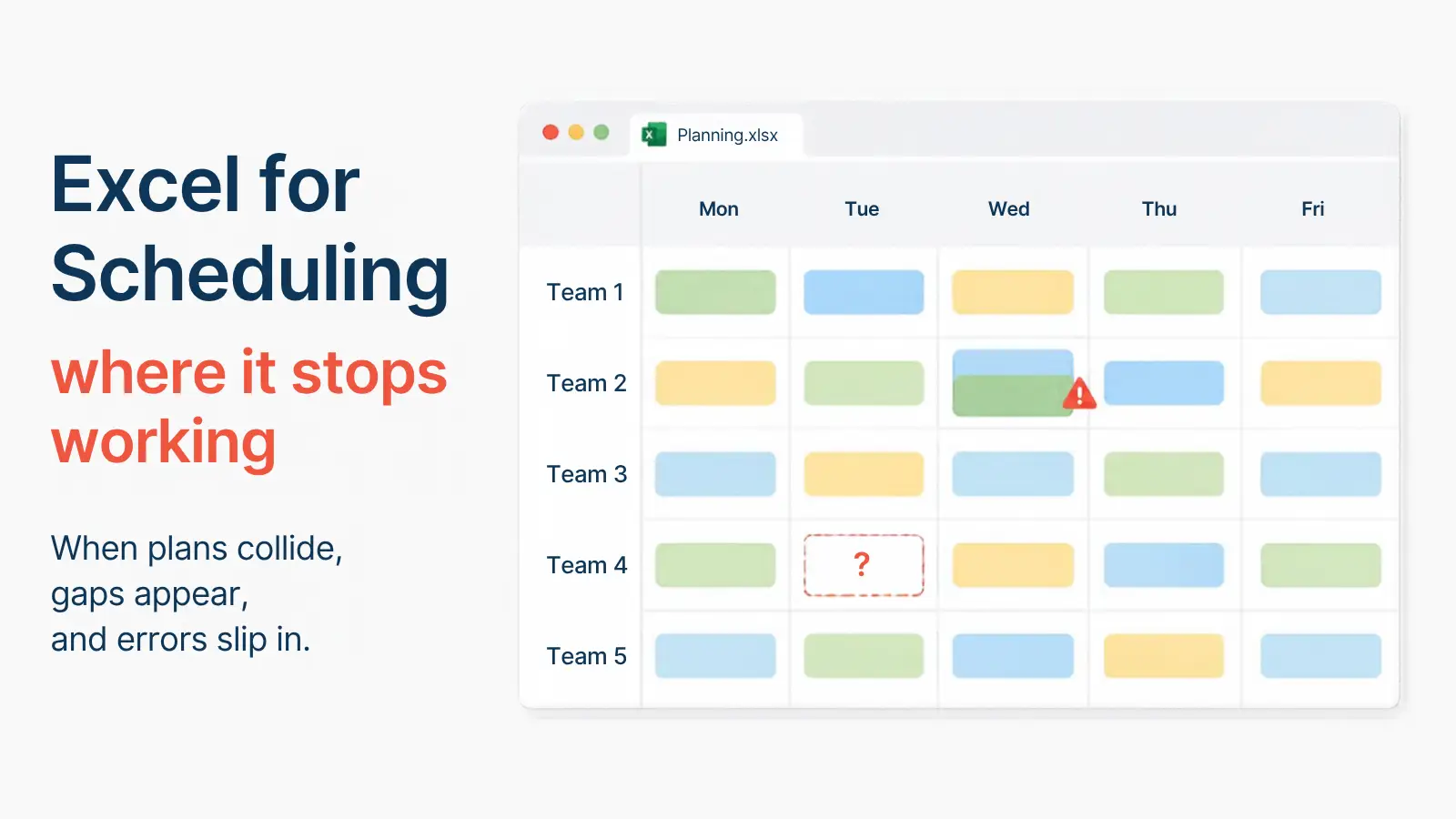 Illustration of a spreadsheet used for scheduling, with overlapping jobs and a gap in the weekly plan