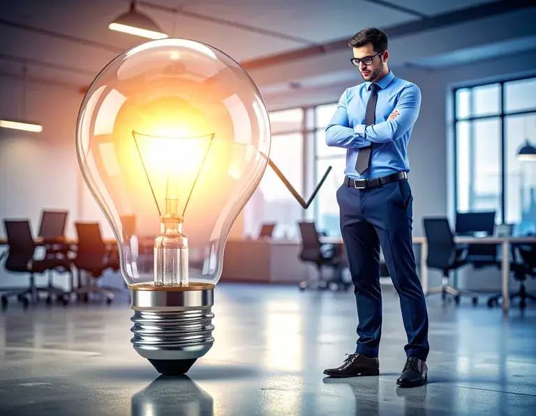 Illustrazione di una figura stilizzata con gli occhiali che ascolta, appoggiata a una grande lampadina