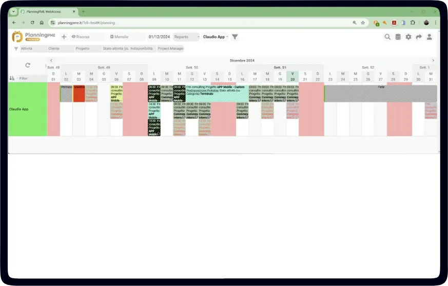 Calendar view of resources and their planned tasks in PlanningConnect